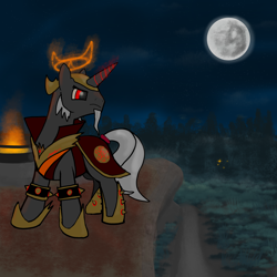 Size: 4096x4096 | Tagged: safe, artist:sprontr, imported from derpibooru, oc, oc only, oc:vesuvius daehn, pony, unicorn, armor, fire, forest, mage, male, mare in the moon, moon, night, path, solo, will o' the wisp