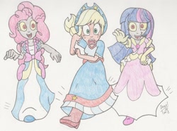 Size: 1400x1040 | Tagged: safe, artist:bageloftime, imported from derpibooru, applejack, pinkie pie, twilight sparkle, human, undead, zombie, equestria girls, clothes, coronation dress, dress, gown, long dress, long skirt, running, skirt, traditional art, twilight sparkle (alicorn)