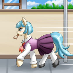 Size: 1600x1600 | Tagged: safe, artist:zachc, imported from derpibooru, coco pommel, earth pony, pony, blushing, bread, clothes, cloud, colored, concave belly, female, food, mare, school uniform, schoolgirl toast, shading, side view, slim, solo, thin, toast