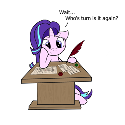 Size: 2380x2379 | Tagged: safe, artist:sprontr, imported from derpibooru, starlight glimmer, pony, unicorn, d20, dungeons and dragons, female, grammar error, pen and paper rpg, quill pen, rpg, simple background, solo, table, white background