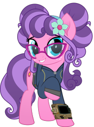 Size: 5253x7086 | Tagged: safe, artist:ponygamer2020, imported from derpibooru, petunia petals, earth pony, pony, fallout equestria, rainbow roadtrip, clothes, cute, fallout, female, flower, flower in hair, glasses, jumpsuit, looking at you, mare, pipboy, raised hoof, simple background, smiling, smiling at you, transparent background, vault suit, vector