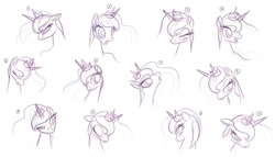 Size: 1448x828 | Tagged: safe, artist:katharine henry, imported from derpibooru, princess luna, alicorn, pony, my little pony: the movie, the art of my little pony: the movie, expressions, female, reference sheet, simple background, sketch, white background