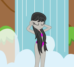 Size: 1500x1364 | Tagged: safe, artist:lekonar13, artist:robertsonskywa1, edit, edited screencap, imported from derpibooru, screencap, octavia melody, human, equestria girls, bowtie, clothes, shower, solo, swimsuit, water, waterfall, wet