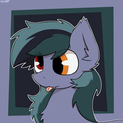 Size: 2000x2000 | Tagged: safe, artist:monycaalot, imported from derpibooru, oc, oc only, oc:scrimmy, bat pony, pony, :p, abstract background, bat pony oc, bust, chest fluff, commission, ear fluff, fangs, gift art, heterochromia, icon, male, pony oc, portrait, solo, tongue out, ych result