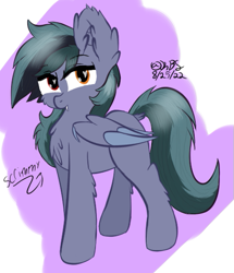 Size: 445x517 | Tagged: safe, artist:kbstarflower, imported from derpibooru, oc, oc only, oc:scrimmy, bat pony, pony, bat pony oc, bat wings, chest fluff, commission, ear fluff, fangs, folded wings, heart, heart eyes, heterochromia, looking at you, male, pony oc, simple background, solo, text, wingding eyes, wings, ych result