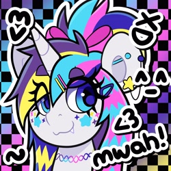 Size: 3184x3183 | Tagged: safe, artist:partylikeanartist, imported from derpibooru, oc, oc:indigo wire, oc:party pie, pony, unicorn, choker, eye clipping through hair, eyebrows, eyebrows visible through hair, eyelashes, fangs, hairpin, scene, solo