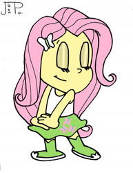 Size: 1280x1660 | Tagged: safe, artist:juanpadraws, imported from derpibooru, fluttershy, human, equestria girls, eyes closed, female, rubber hose animation, simple background, solo, style emulation, white background