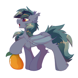 Size: 2000x2000 | Tagged: safe, artist:mirtash, imported from derpibooru, oc, oc only, oc:scrimmy, bat pony, pony, bat pony oc, bat wings, chest fluff, ear fluff, fangs, fluffy, folded wings, food, leg fluff, male, mango, open mouth, pony oc, simple background, smiling, solo, white background, wings
