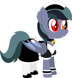 Size: 3000x3255 | Tagged: safe, artist:phantomarts, imported from derpibooru, oc, oc only, oc:scrimmy, bat pony, pony, bat pony oc, bat wings, bell, clothes, ear fluff, fangs, folded wings, gift art, heterochromia, high res, maid, male, pony oc, shoes, simple background, solo, standing, transparent background, wings, wrist cuffs