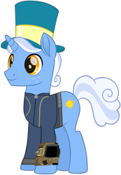 Size: 4642x6721 | Tagged: safe, artist:ponygamer2020, imported from derpibooru, sunny skies, pony, unicorn, fallout equestria, rainbow roadtrip, absurd resolution, clothes, fallout, freckles, hat, jumpsuit, male, mayor, pipboy, simple background, smiling, solo, stallion, top hat, transparent background, vault suit, vector