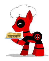 Size: 798x1001 | Tagged: safe, artist:knackmaster77, imported from derpibooru, pony, 2017, chef's hat, crossover, deadpool, food, hat, marvel, old art, pancakes, ponified, simple background, solo, white background