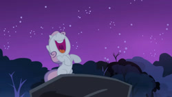 Size: 3410x1920 | Tagged: safe, imported from derpibooru, screencap, sweetie belle, pony, unicorn, season 3, sleepless in ponyville, female, filly, foal, high res, looking up, night, nose in the air, open mouth, open smile, smiling, solo, volumetric mouth