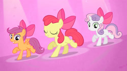 Size: 3410x1920 | Tagged: safe, imported from derpibooru, screencap, apple bloom, scootaloo, sweetie belle, earth pony, pegasus, pony, unicorn, season 4, somepony to watch over me, apple bloom's bow, blank flank, bow, cutie mark crusaders, eyes closed, female, filly, foal, hair bow, high res, smiling, spread wings, trio, trio female, wings