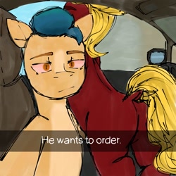 Size: 1280x1280 | Tagged: safe, artist:yo_shkinkot, imported from derpibooru, hitch trailblazer, sprout cloverleaf, earth pony, pony, butt, car, car interior, dock, duo, g5, he wants to order, male, meme, pink eyes, plot, selfie, stallion, tail