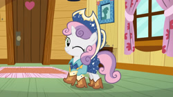 Size: 3410x1920 | Tagged: safe, imported from derpibooru, screencap, sweetie belle, pony, unicorn, on your marks, season 6, boots, clubhouse, cow belle, cowboy boots, cowboy hat, crusaders clubhouse, cute, diasweetes, female, filly, foal, hat, high res, looking at you, one eye closed, shoes, smiling, smiling at you, solo, wink, winking at you