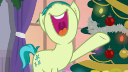 Size: 3410x1920 | Tagged: safe, imported from derpibooru, screencap, sandbar, earth pony, pony, season 8, the hearth's warming club, spoiler:s08, christmas, christmas tree, high res, holiday, male, nose in the air, open mouth, open smile, school of friendship, smiling, solo, stallion, tree, volumetric mouth
