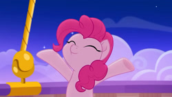 Size: 3410x1920 | Tagged: safe, imported from derpibooru, screencap, pinkie pie, earth pony, pony, rainbow roadtrip, cute, diapinkes, eyes closed, female, high res, hot air balloon, mare, night, smiling, solo, twinkling balloon