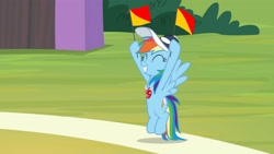 Size: 3410x1920 | Tagged: safe, imported from derpibooru, screencap, rainbow dash, pegasus, pony, 2 4 6 greaaat, season 9, spoiler:s09, ^^, cap, coach rainbow dash, cute, dashabetes, eyes closed, female, flag, flying, grin, hat, high res, mare, rainbow dashs coaching whistle, smiling, solo, spread wings, whistle, whistle necklace, wings