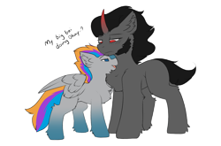 Size: 2522x1667 | Tagged: safe, artist:beardie, imported from derpibooru, king sombra, oc, oc:pixel codec, pegasus, pony, unicorn, blushing, canon x oc, chest fluff, cuddling, dialogue, gay, gradient hooves, male, pegasus oc, simple background, stallion, text, transparent background, wings