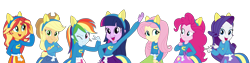 Size: 3888x978 | Tagged: safe, imported from derpibooru, applejack, fluttershy, pinkie pie, rainbow dash, rarity, sunset shimmer, twilight sparkle, human, equestria girls, equestria girls (movie), clothes, humane five, humane seven, humane six, simple background, transparent background, uniform, wondercolt ears, wondercolts uniform