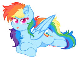 Size: 1250x953 | Tagged: safe, artist:vanillaswirl6, imported from derpibooru, rainbow dash, pegasus, pony, :p, blushing, ear fluff, ears up, female, g4, hair, lying down, mane, mare, multicolored hair, pink eyes, rainbow hair, rainbow tail, simple background, solo, tail, tongue out, transparent background, wings
