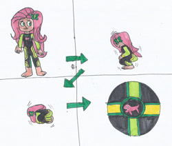 Size: 1280x1086 | Tagged: safe, artist:spaton37, imported from derpibooru, fluttershy, human, equestria girls, ball, barefoot, feet, flutterball, fluttershy's wetsuit, human coloration, morph ball, simple background, traditional art, transformation, transformation sequence, wetsuit, white background