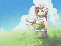 Size: 2160x1620 | Tagged: safe, artist:lendftcn, imported from derpibooru, fluttershy, pegasus, semi-anthro, clothes, cottagecore, cute, dress, female, flower, flower in hair, grass, mare, purse, shyabetes, solo, sundress