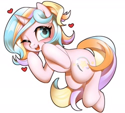 Size: 2200x2000 | Tagged: safe, artist:renokim, imported from derpibooru, oc, oc only, oc:oofy colorful, pony, unicorn, bipedal, floating heart, heart, one eye closed, open mouth, simple background, solo, white background