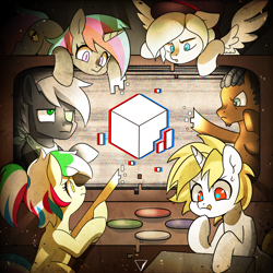 Size: 1800x1800 | Tagged: dead source, safe, artist:renokim, imported from derpibooru, oc, oc only, oc:jungle drum, oc:tcb, earth pony, pegasus, pony, unicorn, album cover, cube, group, light, surrounded