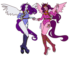 Size: 1400x1100 | Tagged: safe, artist:roseewee, imported from derpibooru, pipp petals, rarity, alicorn, anthro, human, alicorn humanization, alicornified, clothes, duo, duo female, female, flying, g5, happy, holding hands, horn, horned humanization, humanized, jetpack, leotard, pippcorn, race swap, raricorn, simple background, transparent background, winged humanization, wings