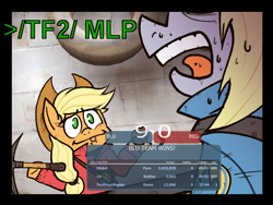 Size: 1600x1200 | Tagged: safe, imported from derpibooru, applejack, derpy hooves, earth pony, pegasus, pony, /mlp/ tf2 general, bipedal, grenade, imminent explosion, pickaxe, soldier, soldier (tf2), sweat, taunt, team fortress 2, this will end in explosions