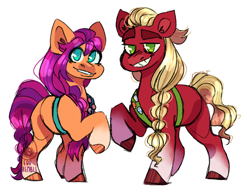 Size: 1300x1000 | Tagged: safe, artist:eqq_scremble, derpibooru exclusive, imported from derpibooru, sprout cloverleaf, sunny starscout, earth pony, pony, adopted, alternate universe, braid, brother and sister, duo, female, g5, long hair, male, siblings, simple background, star siblings au, white background