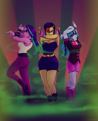 Size: 2023x2500 | Tagged: safe, artist:limedazzle, imported from derpibooru, adagio dazzle, aria blaze, sonata dusk, human, equestria girls, rainbow rocks, battle tendency, breasts, cleavage, female, high res, jojo's bizarre adventure, pillar men, pose, smoke, the dazzlings, trio, trio female