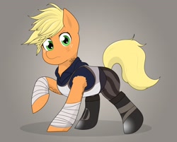 Size: 3424x2752 | Tagged: safe, artist:cyanrobo, imported from derpibooru, applejack, earth pony, pony, alternate hairstyle, arcane, crossover, league of legends, leg wraps, raised hoof, short mane, solo, vi