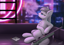 Size: 3508x2480 | Tagged: safe, artist:hugo231929, derpibooru exclusive, imported from derpibooru, oc, oc only, oc:perl tech, earth pony, pony, assassin, assassination, blurry background, bounty hunter, chest fluff, cigarette, city, cityscape, ear fluff, fluffy, gun, hooves, looking up, photo, rifle, rooftop, smoke, smoking, sniper, sniper rifle, solo, story included, weapon