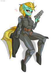 Size: 1500x2100 | Tagged: safe, artist:butterbit, imported from derpibooru, lightning dust, anthro, armor, blushing, cape, clothes, cute, dustabetes, gun, mandalorian, solo, star wars, weapon