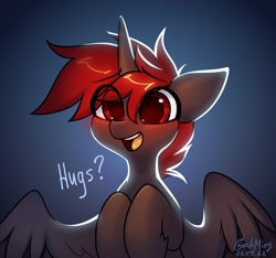 Size: 3200x3000 | Tagged: safe, artist:gicme, imported from derpibooru, oc, oc only, oc:hardy, alicorn, pony, alicorn oc, blushing, eye clipping through hair, horn, hug request, hugs?, looking at you, male, open mouth, open smile, smiling, solo, stallion, wings