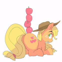 Size: 2500x2500 | Tagged: safe, artist:baigak, imported from derpibooru, applejack, earth pony, pony, apple, applebutt, applejack's hat, balancing, butt, cowboy hat, female, food, grin, hat, looking at something, looking back, lying down, mare, plot, prone, simple background, smiling, solo, white background
