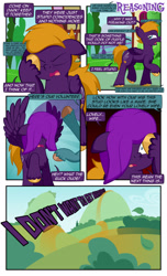Size: 1920x3168 | Tagged: safe, artist:alexdti, imported from derpibooru, oc, oc:dark purple, oc:purple creativity, pegasus, pony, comic:the dark purple, chest fluff, comic, dialogue, ears back, eyes closed, facehoof, folded wings, hair over one eye, high res, hooves, male, offscreen character, open mouth, outdoors, pegasus oc, pinpoint eyes, raised hoof, solo, speech bubble, spread wings, stallion, unshorn fetlocks, wings