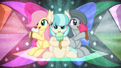 Size: 3840x2160 | Tagged: safe, artist:cyanlightning, artist:laszlvfx, edit, imported from derpibooru, coco pommel, fluttershy, marble pie, earth pony, pegasus, pony, food, ice cream, the council of shy ponies, wallpaper, wallpaper edit