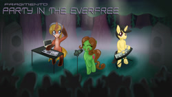 Size: 1920x1080 | Tagged: safe, artist:linkslove, imported from derpibooru, oc, oc only, oc:chichi, oc:metajoker, earth pony, pony, unicorn, album cover, crowd, female, headphones, keyboard, male, mare, microphone, musical instrument, stallion, turntable