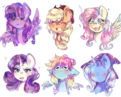 Size: 5000x4000 | Tagged: safe, artist:chocori, imported from derpibooru, applejack, fluttershy, rainbow dash, rarity, trixie, twilight sparkle, alicorn, pegasus, pony, unicorn, absurd resolution, blushing, bust, clothes, eyes closed, faic, female, floppy ears, grin, hat, looking at you, mare, portrait, question mark, simple background, sketch, smiling, spread wings, starry eyes, trixie's hat, twilight sparkle (alicorn), wat, white background, wing hands, wingding eyes, wings, woll smoth