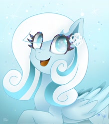 Size: 1792x2048 | Tagged: safe, artist:petaltwinkle, imported from derpibooru, oc, oc:snowdrop, pegasus, pony, eye clipping through hair, eye reflection, female, filly, foal, open mouth, open smile, reflection, smiling, snow, snowflake, solo