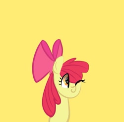 Size: 549x540 | Tagged: safe, artist:petaltwinkle, imported from derpibooru, apple bloom, earth pony, pony, eye clipping through hair, female, filly, foal, one eye closed, simple background, solo, wink, yellow background