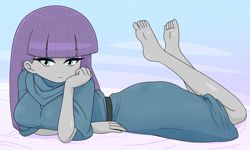 Size: 2104x1265 | Tagged: safe, artist:batipin, imported from derpibooru, part of a set, maud pie, human, equestria girls, barefoot, breasts, busty maud pie, feet, feet in the air, female, looking at you, lying down, prone, solo, the pose