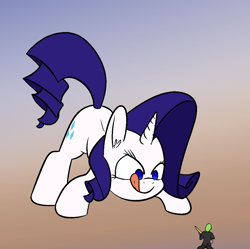 Size: 1086x1080 | Tagged: safe, artist:happy harvey, imported from derpibooru, rarity, oc, oc:anon, human, pony, unicorn, ear fluff, female, imminent vore, licking, licking lips, looking down, macro, macro/micro, male, mare, micro, pencil, phone drawing, ponies eating humans, raised tail, size difference, spear, tail, tongue out, weapon