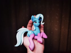 Size: 2048x1536 | Tagged: safe, artist:shuxer59, imported from derpibooru, trixie, pony, unicorn, butt, clothes, craft, figurine, hand, in goliath's palm, photo, plot, sculpture, size difference, smiling, socks, solo, stockings, thigh highs