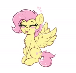 Size: 2138x2049 | Tagged: safe, artist:confetticakez, imported from derpibooru, fluttershy, pegasus, pony, :p, alternate hairstyle, blush sticker, blushing, chest fluff, cute, daaaaaaaaaaaw, eyes closed, female, floating heart, full body, happy, heart, mare, raspberry, short hair, short mane, short tail, shyabetes, simple background, sitting, smiling, solo, spread wings, tail, tongue out, white background, wings