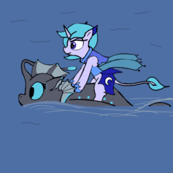 Size: 1080x1080 | Tagged: safe, artist:sprontr, imported from derpibooru, oc, oc only, oc:bewitching bellflower, oc:color splash (seapony), unicorn, angler seapony, animated, armor, duo, female, gif, lake, riding, swimming, water