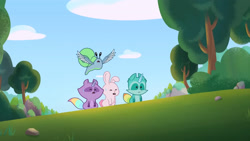 Size: 3410x1920 | Tagged: safe, imported from derpibooru, screencap, rabbit, spoiler:g5, spoiler:my little pony: tell your tale, spoiler:tyts01e26, animal, eyes closed, flying, g5, high res, my little pony: tell your tale, open mouth, pegasnail, puphunt, raccoonicorn, spread wings, sweat, wings, youtube link